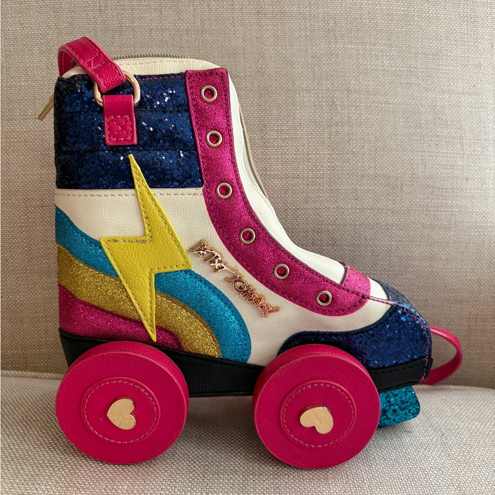Betsey Johnson Roller Skate Crossbody Bag - Pink, Blue & Yellow Glitter! Rare!